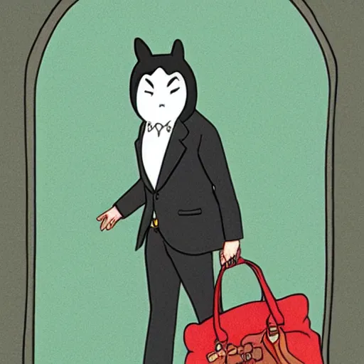 Image similar to barn owl in a black suit wearing an office bag going to the office,drawn by Hayao Miyazaki and Beatrix Potter, highly detailed,anime, anime shot,anime colours, inspired by my neighbor totoro 1988