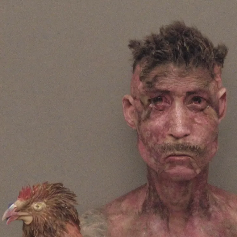 Image similar to chicken headed human, mugshot