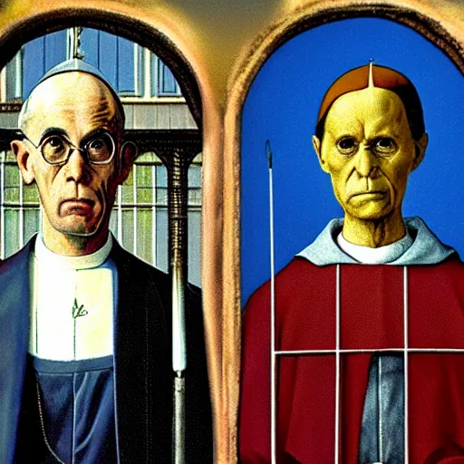 Prompt: the pope and satan in the style of american gothic