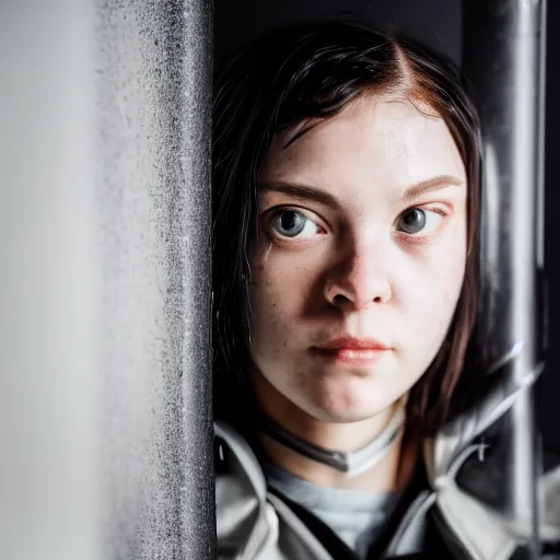 Image similar to photograph of a techwear mixed young woman inside a hidden busy speakeasy, closeup, brutalist design, sigma 85mm f/1.4, 4k, depth of field, high resolution, 4k, 8k, hd, full color