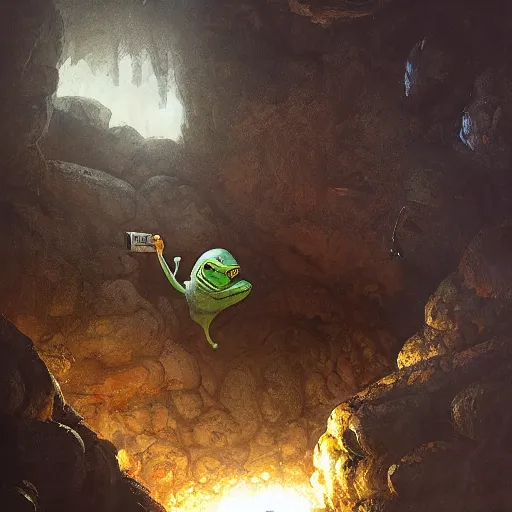 Image similar to happy pepe the miner in the cave, greg rutkowski