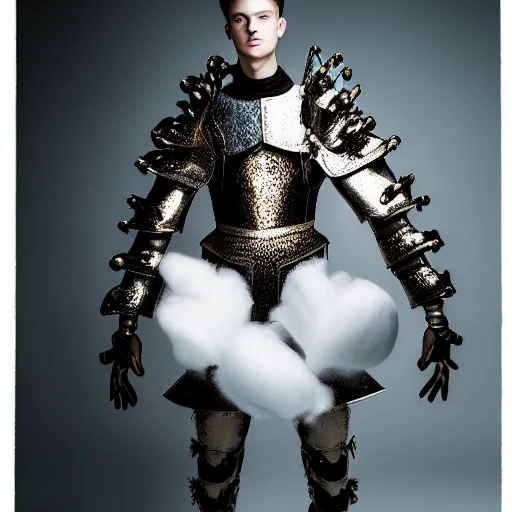 Prompt: a portrait of a beautiful young male wearing an alexander mcqueen armor made of cotton candy , photographed by andrew thomas huang, artistic