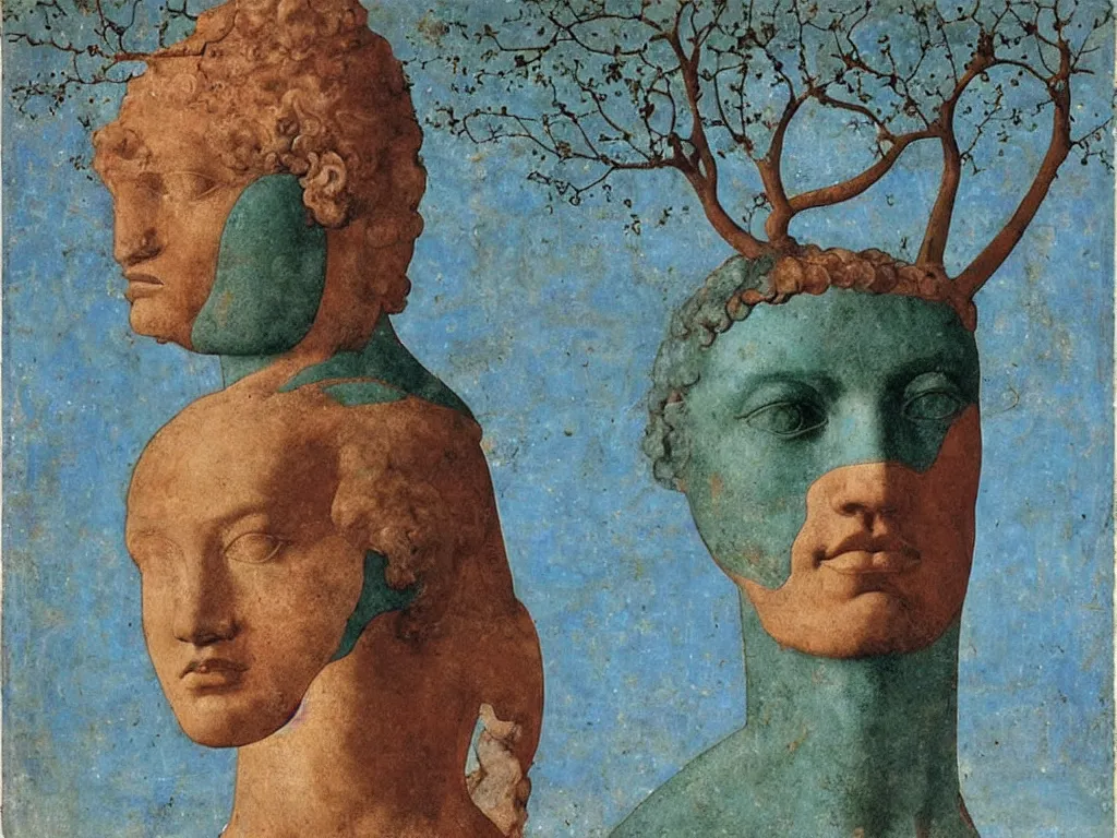 Image similar to marble greek sculpture head of a tree god with inlaid crystal eye. lapis - lazuli, turquoise, malachite, cinnabar, earth brown. painting by piero della francesca, balthus, agnes pelton