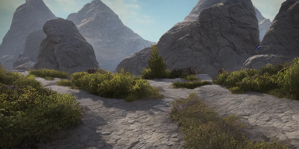 Image similar to pathway between mountains, rocks unreal engine render