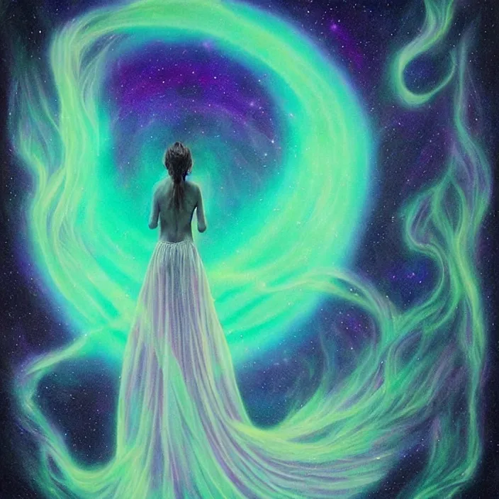 Prompt: the rise of the divine feminine energy, dark negative space, bioluminescent light surrounding the energy, aurora in the universe, cosmos, divine power energy, light force, hyper - realistic, highly detailed, mystical, sharp focus, realistic, sci - fi, the awakening of the divine energy