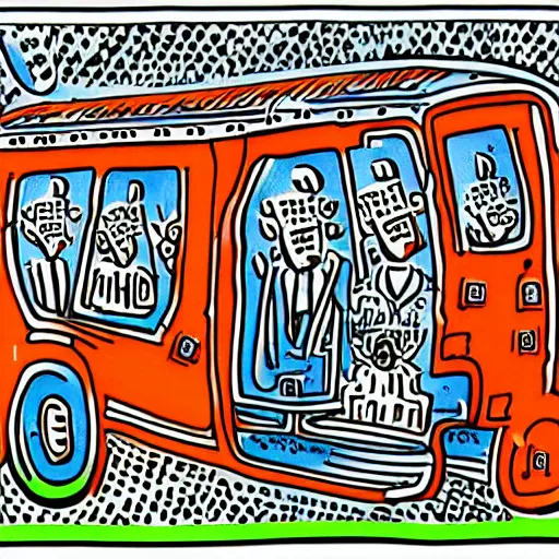 Image similar to orthodox jews in a bus on a hot summer by keith harring