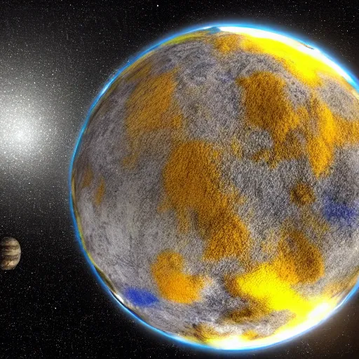 Image similar to realistic photo of a rocky alien planet with water in the dark space seen from an space probe, with blue and yellow continents, unreal engine, blender