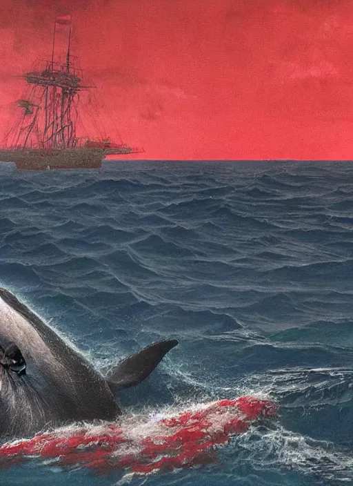 Prompt: a whale bleeding on the ocean near to a ship, 3 d render, hiper detailed, dark art, horror art, digital art, realistic painting, high angle, volumetric light, part by beksinski, part by carl gustav carus with red blood brushstrokes by swanland raymond.