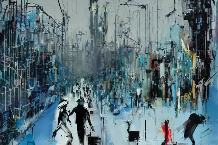 Image similar to winter, walls by john berkey, covered in graphitti of a winter goddess by banksy, basquiat, cleon peterson, dramatic cinematic lighting, manicured solarpunk greenery, high fashion futuristic people walk past