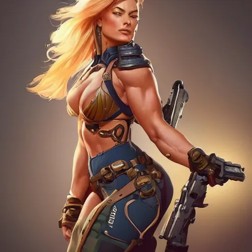 Prompt: full figure ultra realistic illustration, zarya from overwatch played by margot robbie, intricate, elegant, highly detailed, digital painting, artstation, concept art, smooth, sharp focus, illustration, art by artgerm and greg rutkowski and alphonse mucha