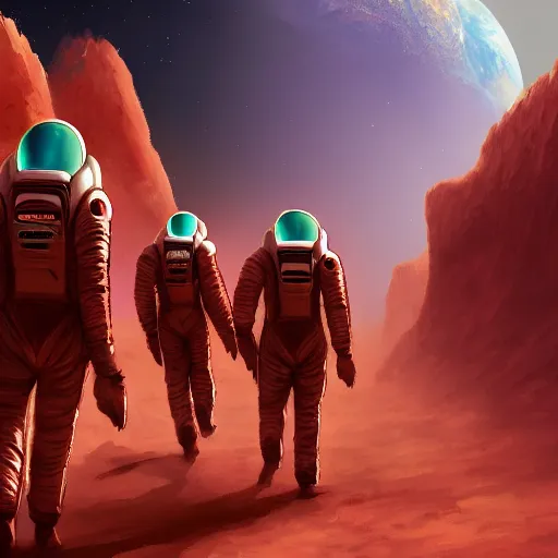 Prompt: astronauts arriving on mars, digital painting, ambient lighting, hyperdetailed, rendered, 8 k, 4 k, trending on artstation, space