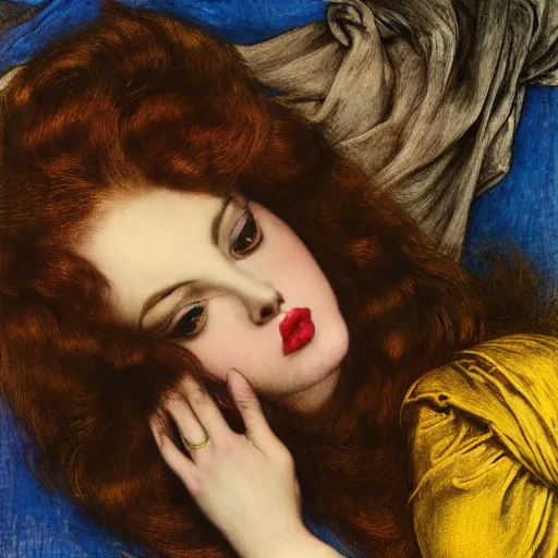 Image similar to hybrid of judy garland and lady gaga, brown fringe, large beautiful features, huge downslanted eyes, large full lips, reclining on flowing bed cool stylish, yellow ochre ornate medieval dress, john william waterhouse, kilian eng, rosetti, john everett millais, william holman hunt, william morris, 4 k