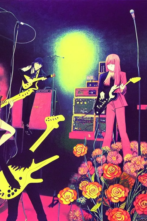 Image similar to the velvet underground and nico playing live on stage at a night club, beautiful stage decoration with flowers in the background, painting by hayao miyazaki, very detailed and colorful and toned down and ornamental and moody and cool and relaxed and high on drugs, trending on artstation, behance contest winner