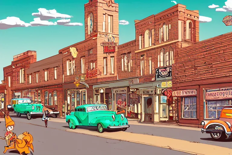 Image similar to a whimsical storybook illustration of a small town main street from the 1 9 5 0 s with a line of brick buildings with business signs over the doors and some late 1 9 5 0 s cars on the road in front of the buildings and one 1 9 3 0 model a hot rod, lowbrow pop art style