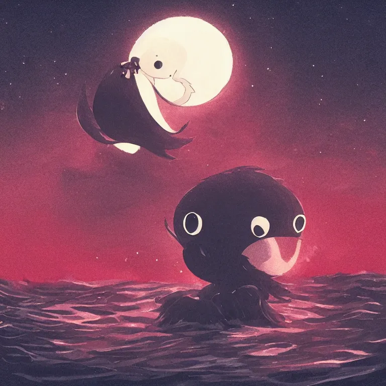 Image similar to cute creature looking at the sea with a red moon reflecting in the waves, night, low angle, in the style of Hollow Knight