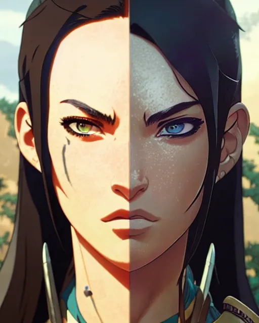 Image similar to azctec warrior, megan fox, detailed perfect face, exquisite details, fire magic, mid view, design on a white background, by studio muti, greg rutkowski makoto shinkai takashi takeuchi studio ghibli