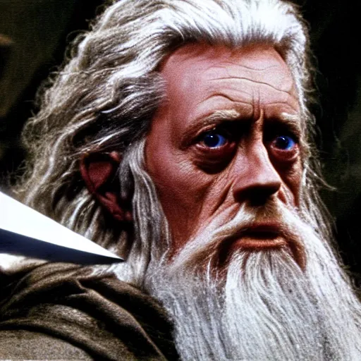 Image similar to A Still of Patrick McGoohan as Gandalf in The Lord of the Rings (2001), full-figure