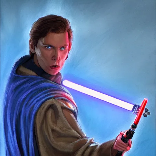 Image similar to jerma 9 8 5 wielding a blue lightsaber, jedi, detailed painting, trending on artstation