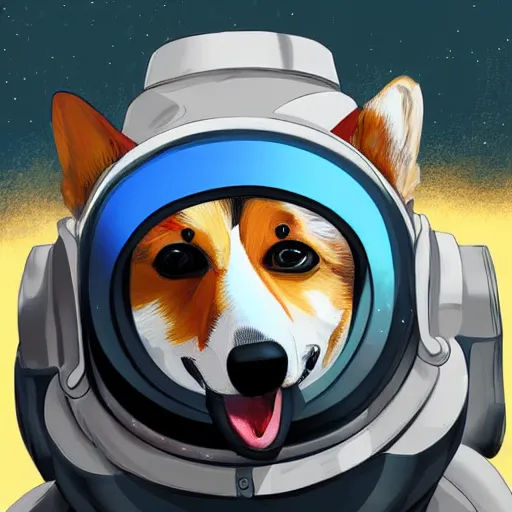 Prompt: digital painting of a corgi cosmonaut, cyberpunk, stylized, sci - fi