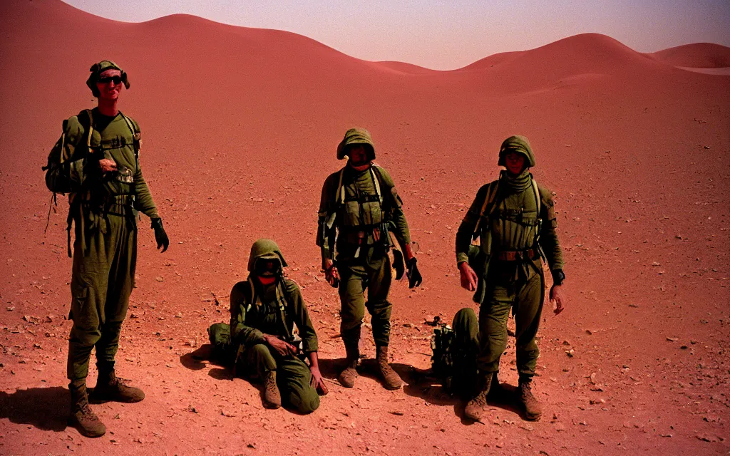 Prompt: in a dusty red desert, a team of five future soldiers in dark green tactical gear like death stranding hike. They 're afraid. mid day, heat shimmering, color, 35mm film photography, lawrence of arabia