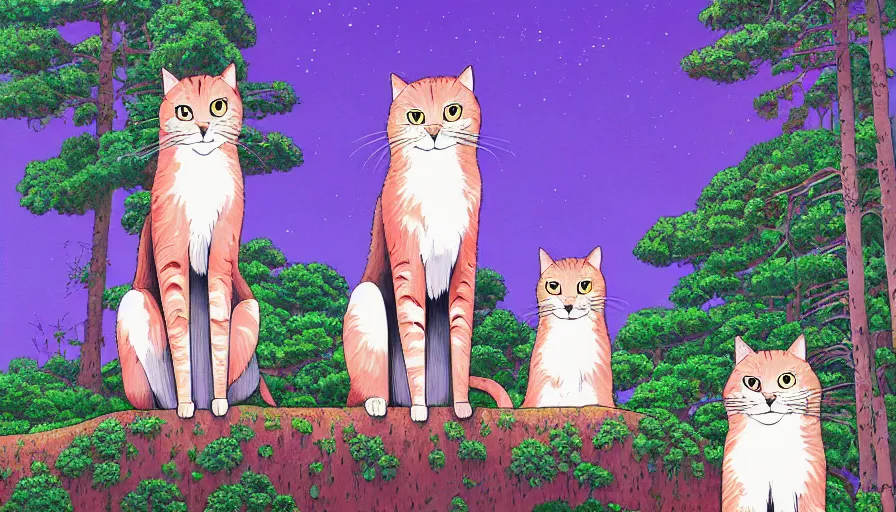 Image similar to highly detailed contemporary acrylic painting of really tall sitting cats by studio ghibli, thick brush strokes and visible paint layers, dense overgrown forest background, vivid pastel color scheme