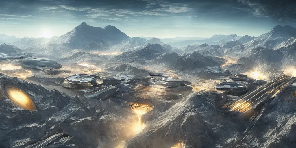 Image similar to a beautiful view of a spaceport in the alps, matte painting, cinematic lighting, hyper - detailed, 4 k, scifi