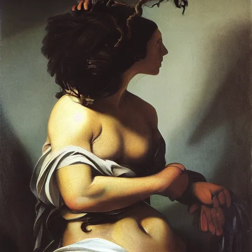 Image similar to Marjorie Taylor Greene painted as Medusa by Caravaggio