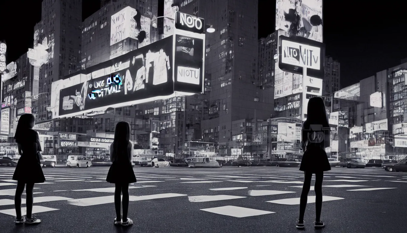 Prompt: 90s neon movie still city at night. school girl stands in the middle of a crosswalk. She is looking up at an advertisement. hyperrealistic, high definition, medium format photography, highly detailed, technicolor, anamorphic 50mm lens