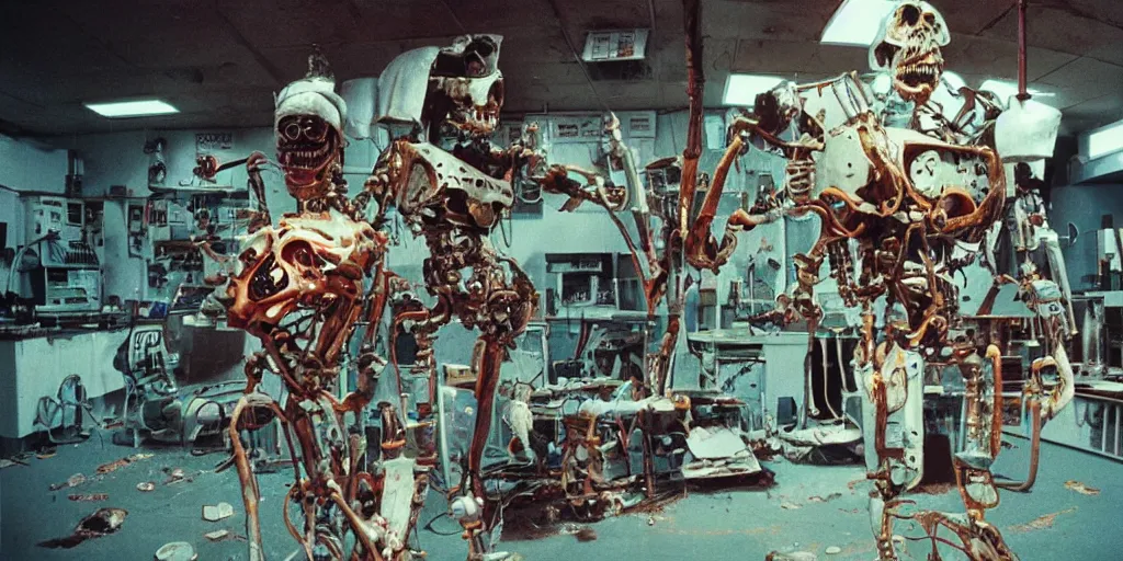 Prompt: a scary filmic wide shot color ground level angle movie still 35mm film photograph of the full body of a screaming and angry dangerous shape mechanical creature, with multiple sharp, leaking pistons, robot skulls and blades protruding from its lower torso inside of a 1970s science lab, neon lights, dirty, ektachrome photograph, volumetric lighting, f8 aperture, cinematic Eastman 5384 film