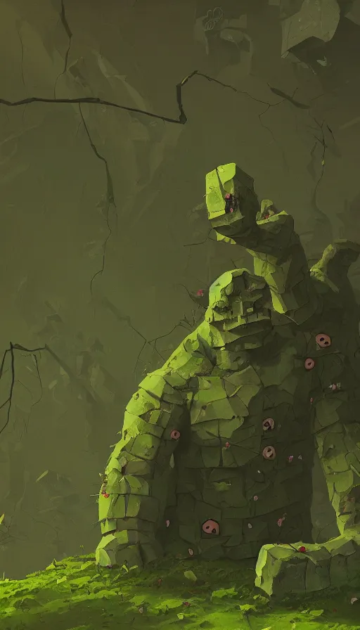 Prompt: stone golem, moss and ivy, true evil, dormant, broken, calling a traveller nearby, sharp focus, james gilleard, cinematic, game art, extremely detailed digital painting, print