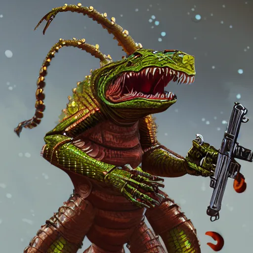 Prompt: robotic lizardfolk warrior made up of copper gold and silver elements wearing red goggles over eyes shooting a gun that is popping out of his open mouth at a horde of goblins, illustration, concept art, highly detailed, 8 k, matte, cinematic lighting, film grain,