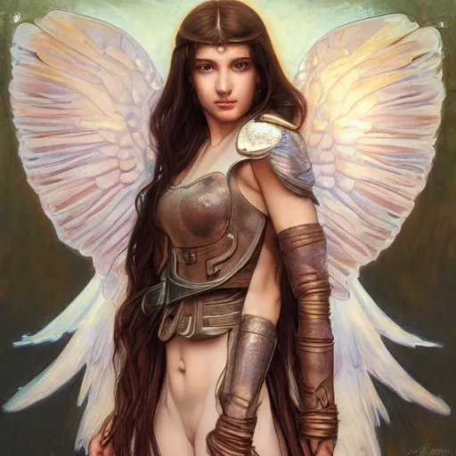 Image similar to portrait of young aasimar angel girl maiden wearing comfy leather armor with beautiful feathered angel wings, brown eyes, by artgerm and greg rutkowski and alphonse mucha and andrei riabovitchev and Rossdraws and Bluesssatan and Mandy Jurgens and Stjepan Sejic, 4k oil on linen, vivid colors, colorful, photorealistic, high dynamic range, HDR, intricate, elegant, highly detailed, digital painting, artstation, concept art, smooth, sharp focus, illustration, mid-shot, medium shot, hyperdetailed