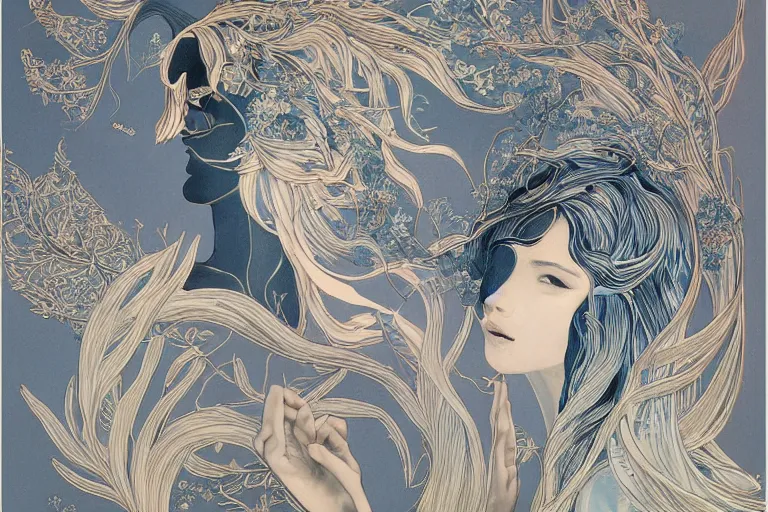 Image similar to woman portrait, phoenix in fire, goddess of greek mythology, orthodox saint, amalgamation of leaves and flowers. balenciaga, intricate complexity. matte paper, cut paper texture. by Jeffrey Catherine Jones, James jean, Miho Hirano, Hayao Miyazaki, coarse gritby. Full of light-blue and silver and white layers. Exquisite detail 8K