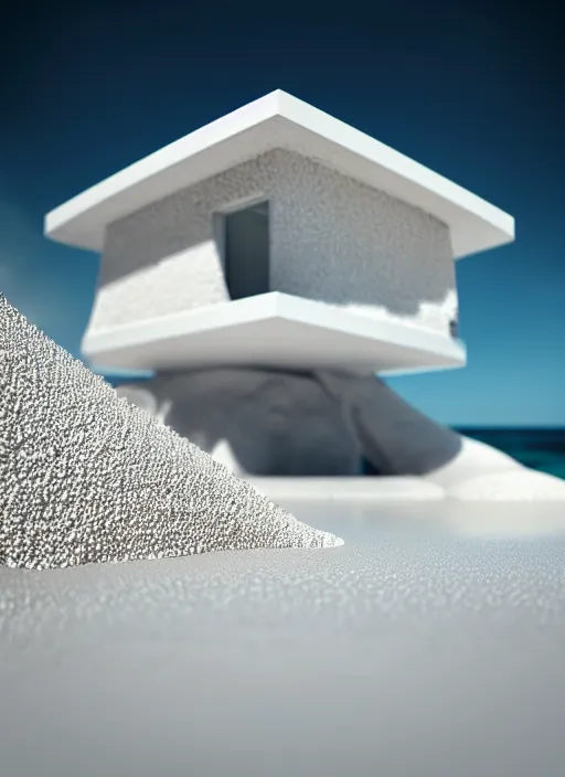 Image similar to bright white zen beach house made of geodes well contoured smooth fair walls, up close shot, sharp focus, global illumination, radiant light, alexandre ferra white mecha, irakli nadar, octane highly render, 4 k, ultra hd,