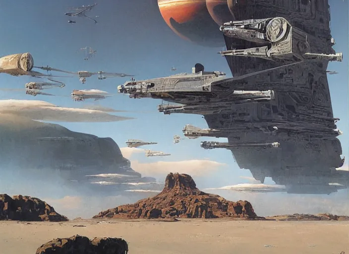 Prompt: ( ( ( ( ( classic star wars matte painting, sci - fi illustration, sci - fi environment, planets, desert scene, painting ) ) ) ) ) by vincent di fate and john berkey and ralph mcquarrie!!!!!!!