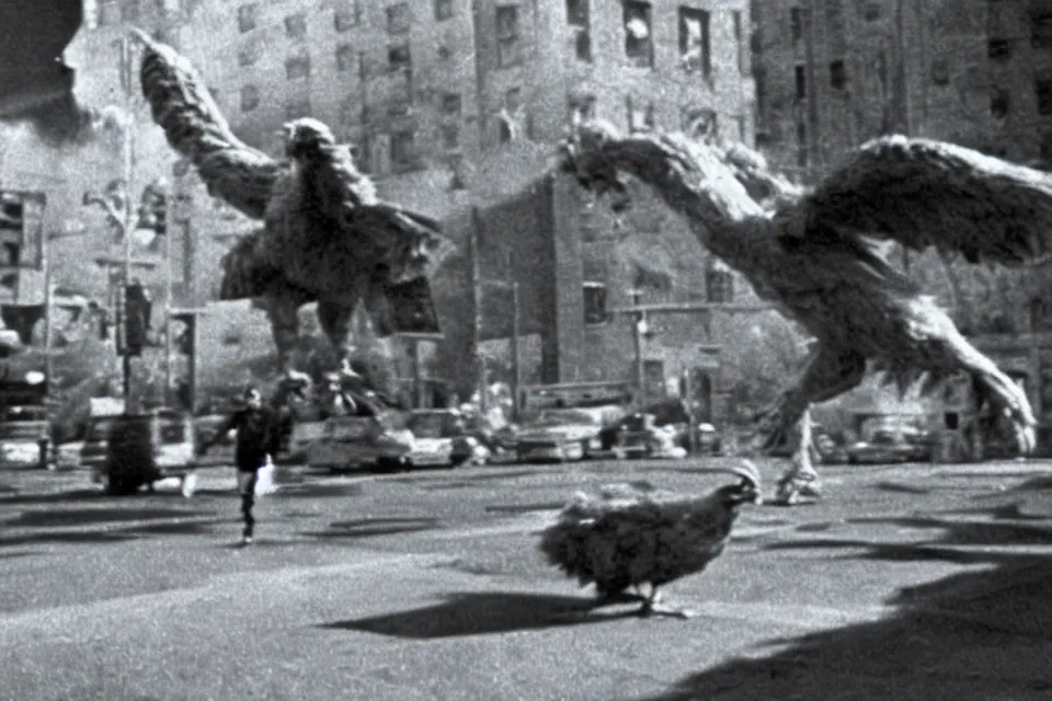 Image similar to still image taken from sci fi horror movie of a giant chicken and monster attacking a city. low camera angle. 1 9 6 0.