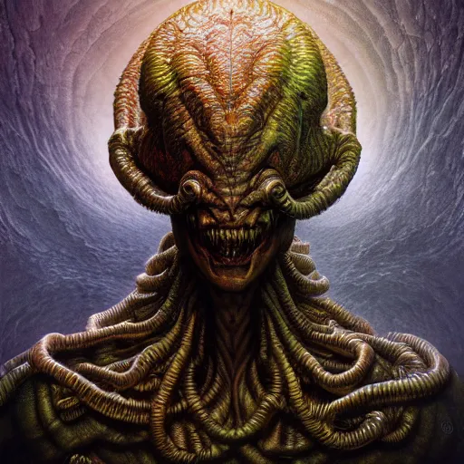 Image similar to photorealistic eldritch alien god in the style of michael whelan and gustave dore. hyperdetailed photorealism, 1 0 8 megapixels, amazing depth, glowing rich colors, powerful imagery, psychedelic overtones, 3 d finalrender, 3 d shading, cinematic lighting, artstation concept art