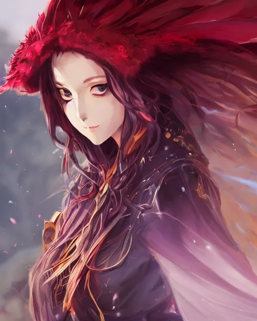 Image similar to a very beautiful anime sorceress, full body, long red hair, full round face, short smile, cloak with hood, fantasy town setting, cinematic lighting, medium shot, mid-shot, highly detailed, trending on Artstation, Unreal Engine 4k, cinematic wallpaper by Stanley Artgerm Lau, WLOP, Rossdraws, James Jean, Andrei Riabovitchev, Marc Simonetti, and Sakimichan