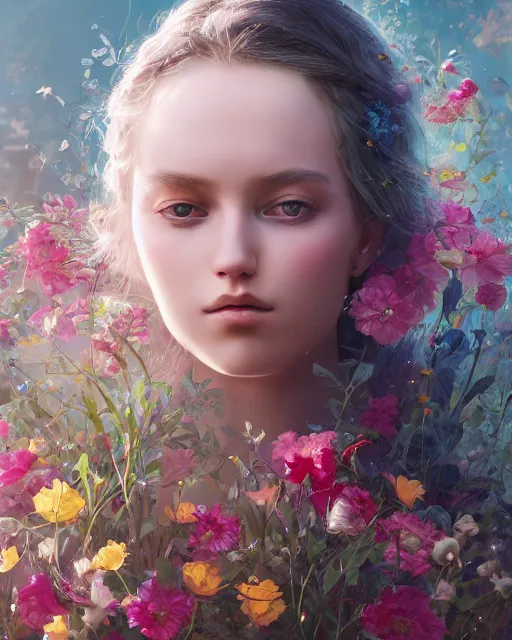 Image similar to portrait of a young swedish girl, 2 0 years old, surrounded by flowers by karol bak, james jean, tom bagshaw, rococo, sharp focus, trending on artstation, cinematic lighting, hyper realism, octane render, 8 k, hyper detailed.