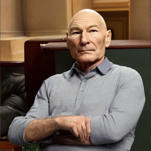 Prompt: patrick stewart as seth rogan