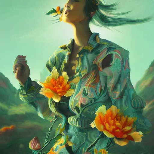 Image similar to retro painting of surreal waiizi flowers, by Ross Tran, highly detailed, hyperrealism, excellent composition, cinematic concept art, dramatic lighting, trending on ArtStation