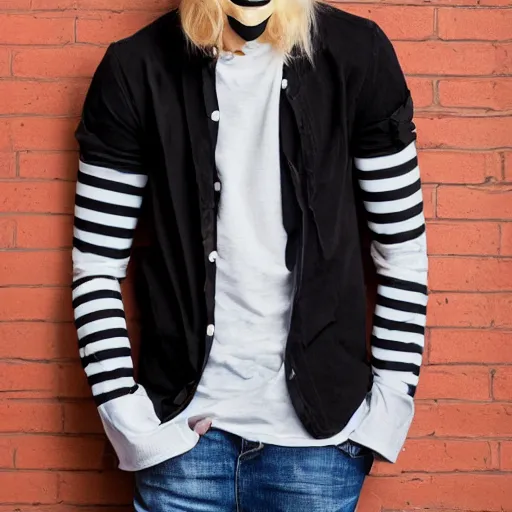 Image similar to professional pencil sketch of a young adult man with short blonde hair wearing a black face mask a striped long-sleeved shirt and ripped skinny jeans, high quality, HD, 8K, highly detailed, award-winning