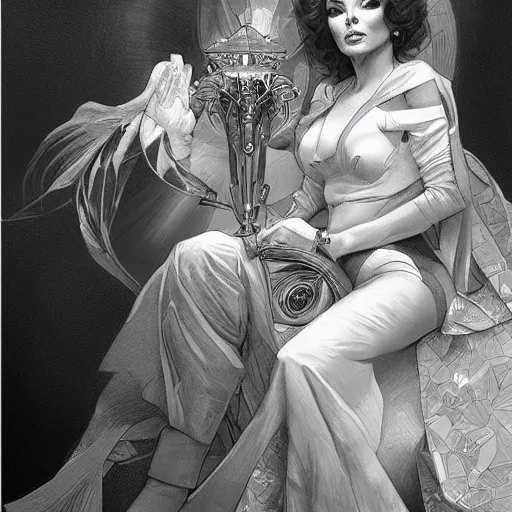 Image similar to amazing lifelike award winning pencil illustration of Joan Collins Dynasty trending on art station artgerm Greg rutkowski alphonse mucha cinematic