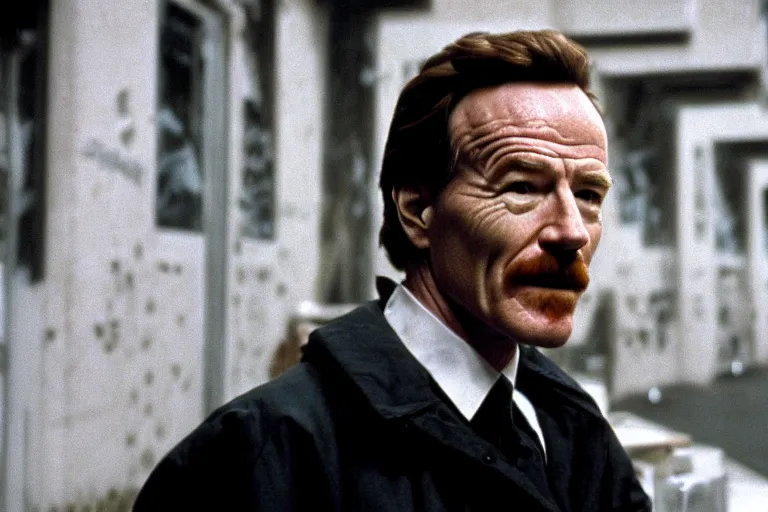 Image similar to film still of bryan cranston in cosmic horror! the musical by david cronenberg, budapest street background, 3 5 mm film, atmospheric, ultra fine detail, film grain, photorealistic