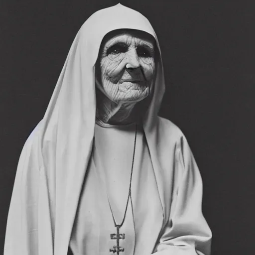 Image similar to antique black and white photograph of an old evil catholic nun, studio lighting, 1 8 7 6, shorpy, hyper detailed