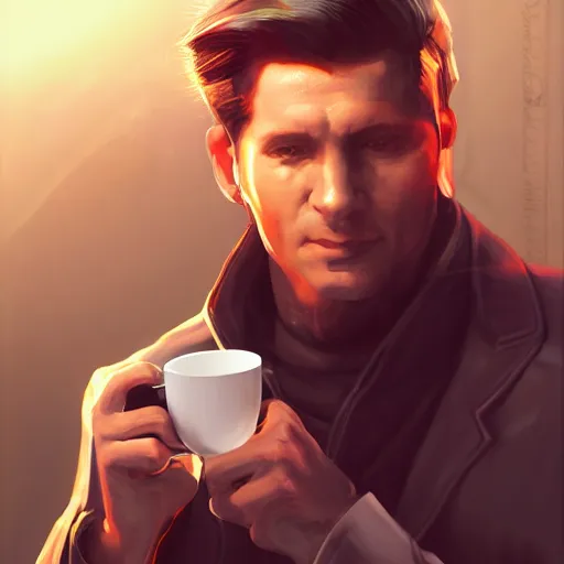 Image similar to portrait of a handsome CEO having a cup of coffee. cyberpunk style, digital art artstation cgsociety