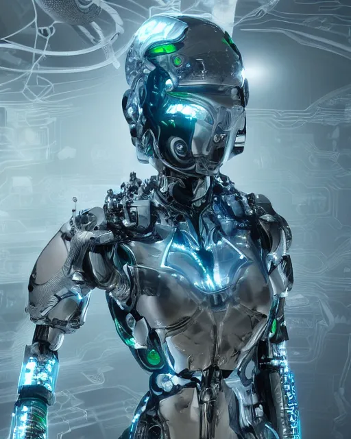 Image similar to cyborg cybersuits goddesses, microchip, artificial intelligence, bio-mechanical bio-luminescence, neurons, nerve cells, octane render, cinematic, rim light, hyper realism, high detail, masterpiece, high fashion