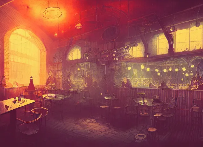 Image similar to illustrated steampunk cafe interior, colorful, mads berg, karolis strautniekas, christopher balaskas, stippled light, low fog, moody, fine texture, editorial illustration, dramatic lighting, dynamic composition, detailed, matte print, muted color, ( ( victo ngai ) ), wide angle