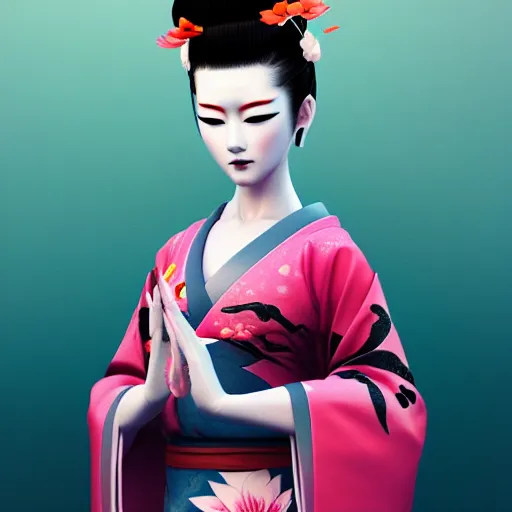 Image similar to an android geisha in a lotus position wearing a flowing kimono and tattoos, octane render, unreal engine, 8 k, cinematic, artwork by ilya kuvshinov