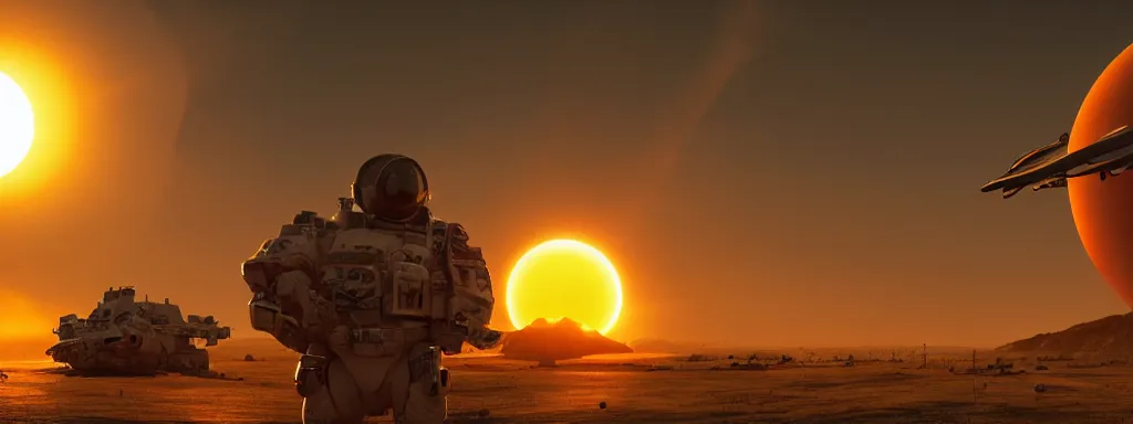 Prompt: extremely large round close golden orange sun in sunset, with sci - fi military spacecrafts in the distance covered in shadow flying towards camera, camera bloom, concept art on artstation, hyperdetailed, vray render, octane render, like apocalypse now movie scene